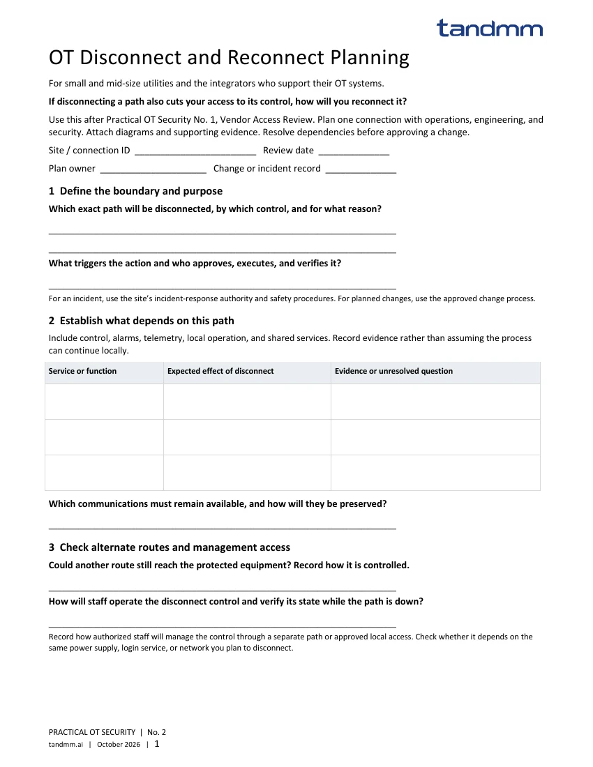 First worksheet page with fields for the disconnect boundary, operational dependencies, and independent management access