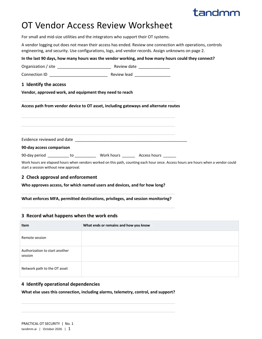 First worksheet page with fields for vendor access, approval, a 90-day access comparison, and remaining access